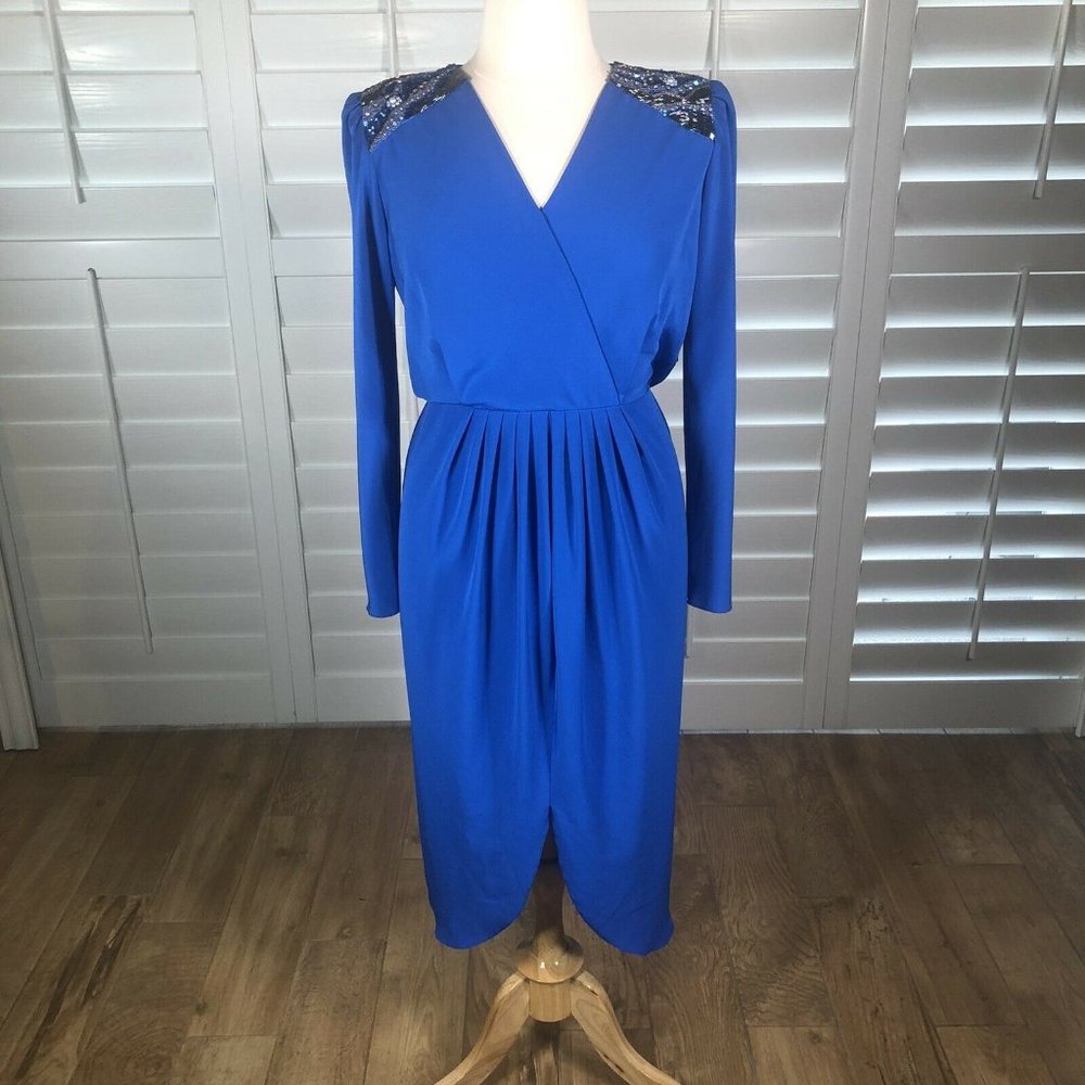 Vtg 80s Miss Elliette Royal Blue Cocktail Evening Dress 16 Beaded Shoulder Pads